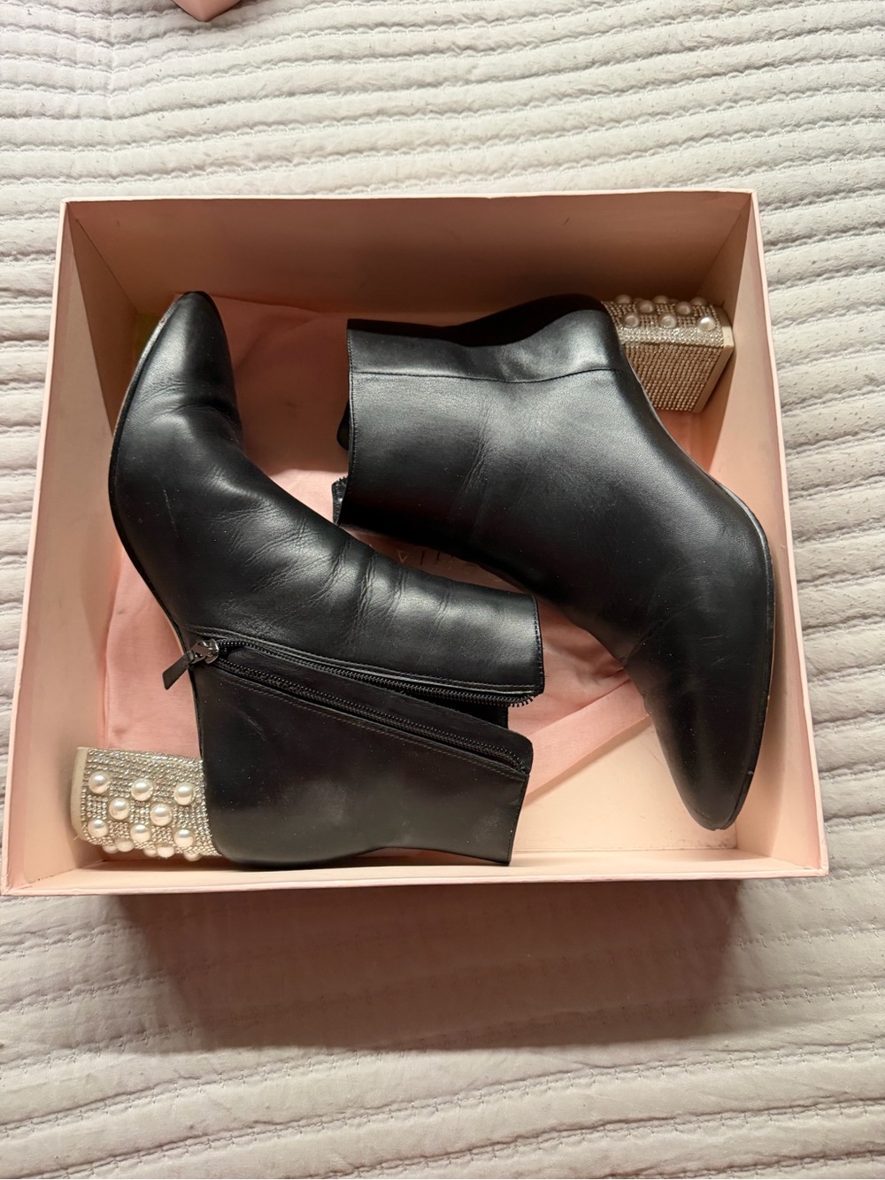 Sophia Webster Black Leather Ankle Boots with Pearl-Embellished Heel